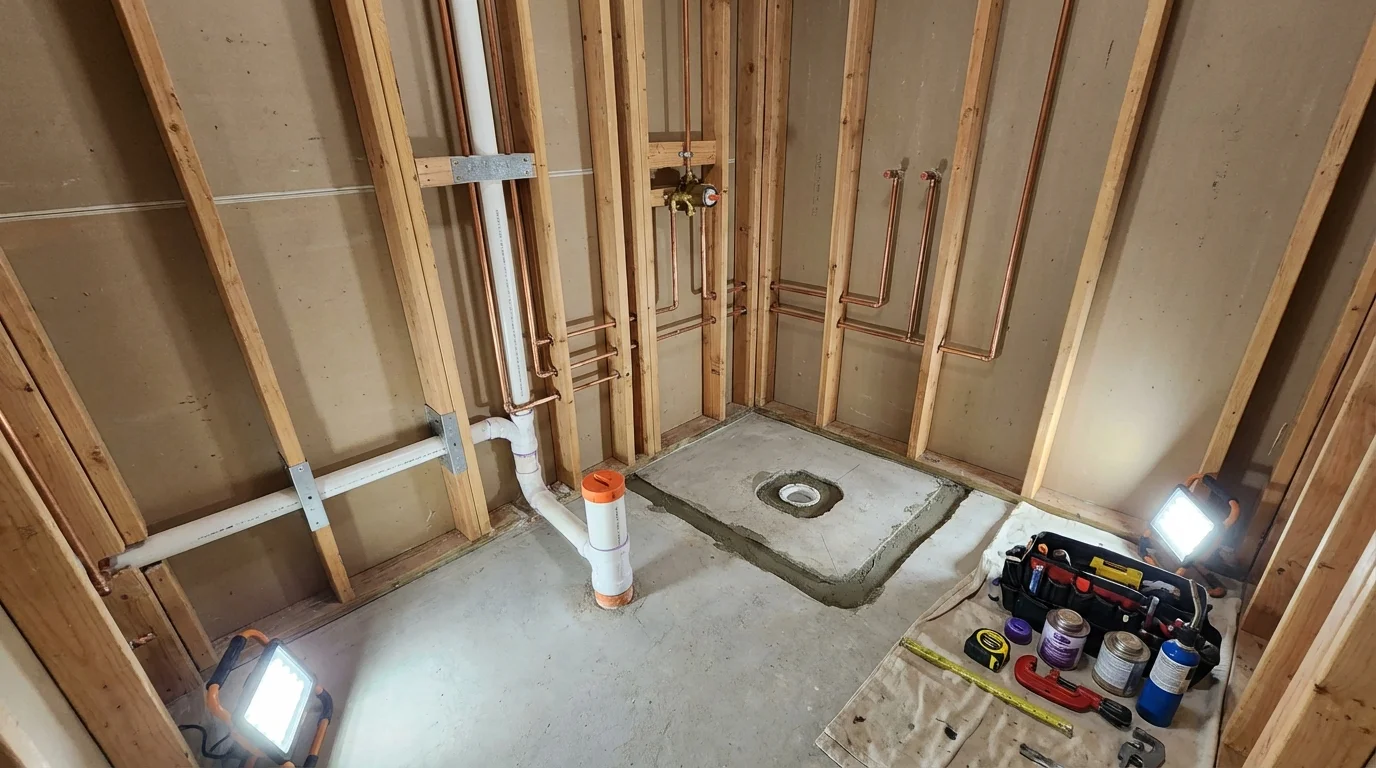 Bathroom rough-in plumbing during remodel by Johns Plumbing LLC in Glen Ridge