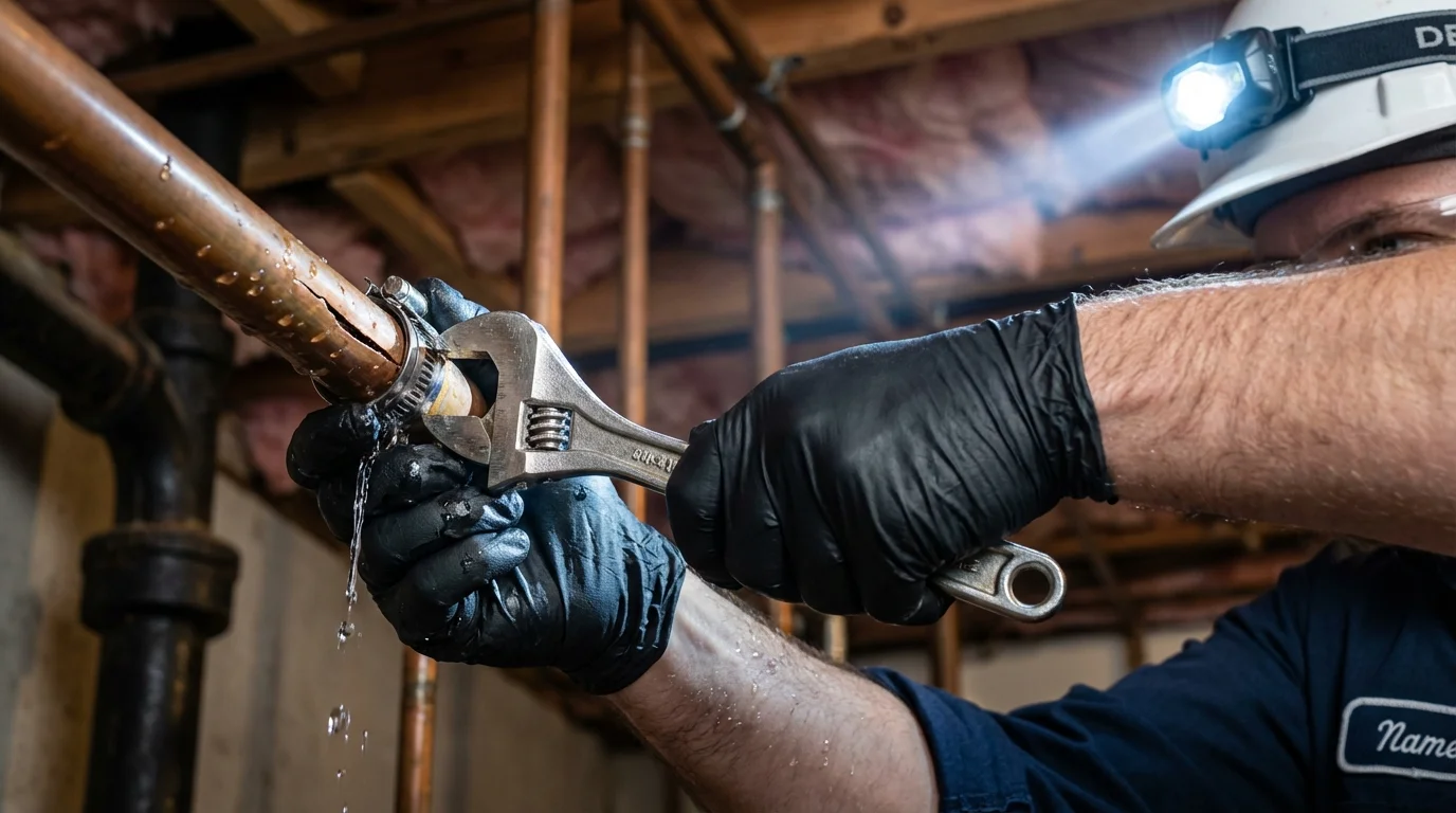 Emergency pipe clamp repair being performed by a Johns Plumbing LLC plumber in Glen Ridge