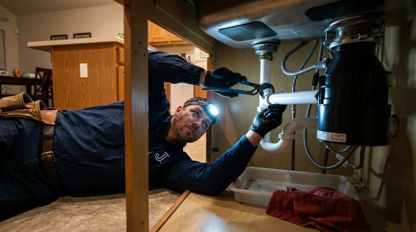 P-trap and supply line connections under a kitchen sink showing a common leak point in Glen Ridge, NJ